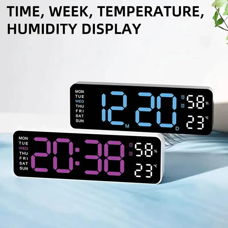 LED Digital Wall Clock with Large Display, Temperature & Humidity, Auto Light Sensor