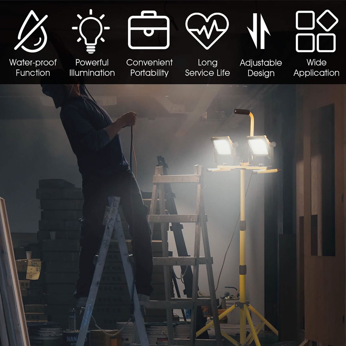 LED Dual-Head Work Light with Adjustable Tripod Stand