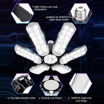 LED Garage Ceiling Lights 150W 15000LM 6500K with 6+1 Deformable Panels