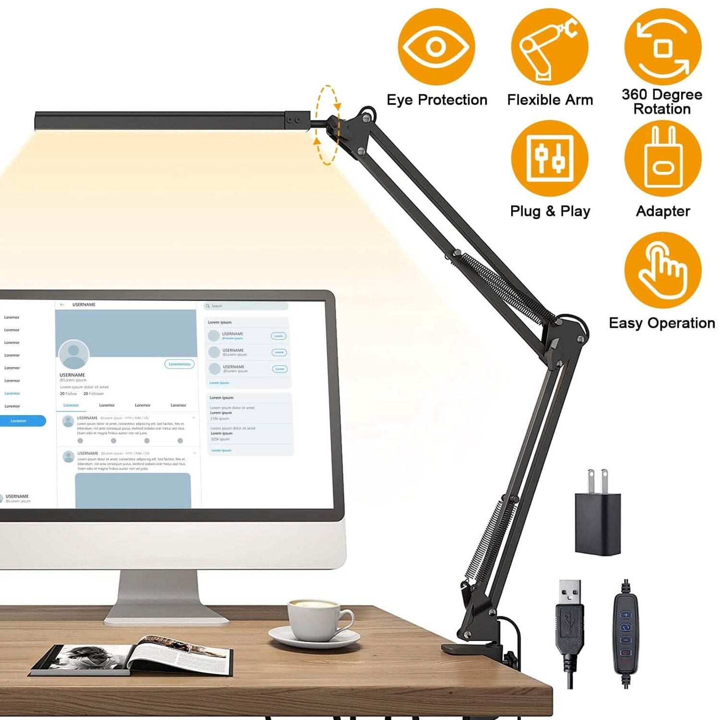 LED Reading Desk Lamp with Clamp Adjustable Swing Arm