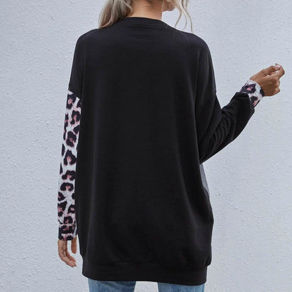 Leopard Print Colorblock Drop Shoulder Sweatshirt