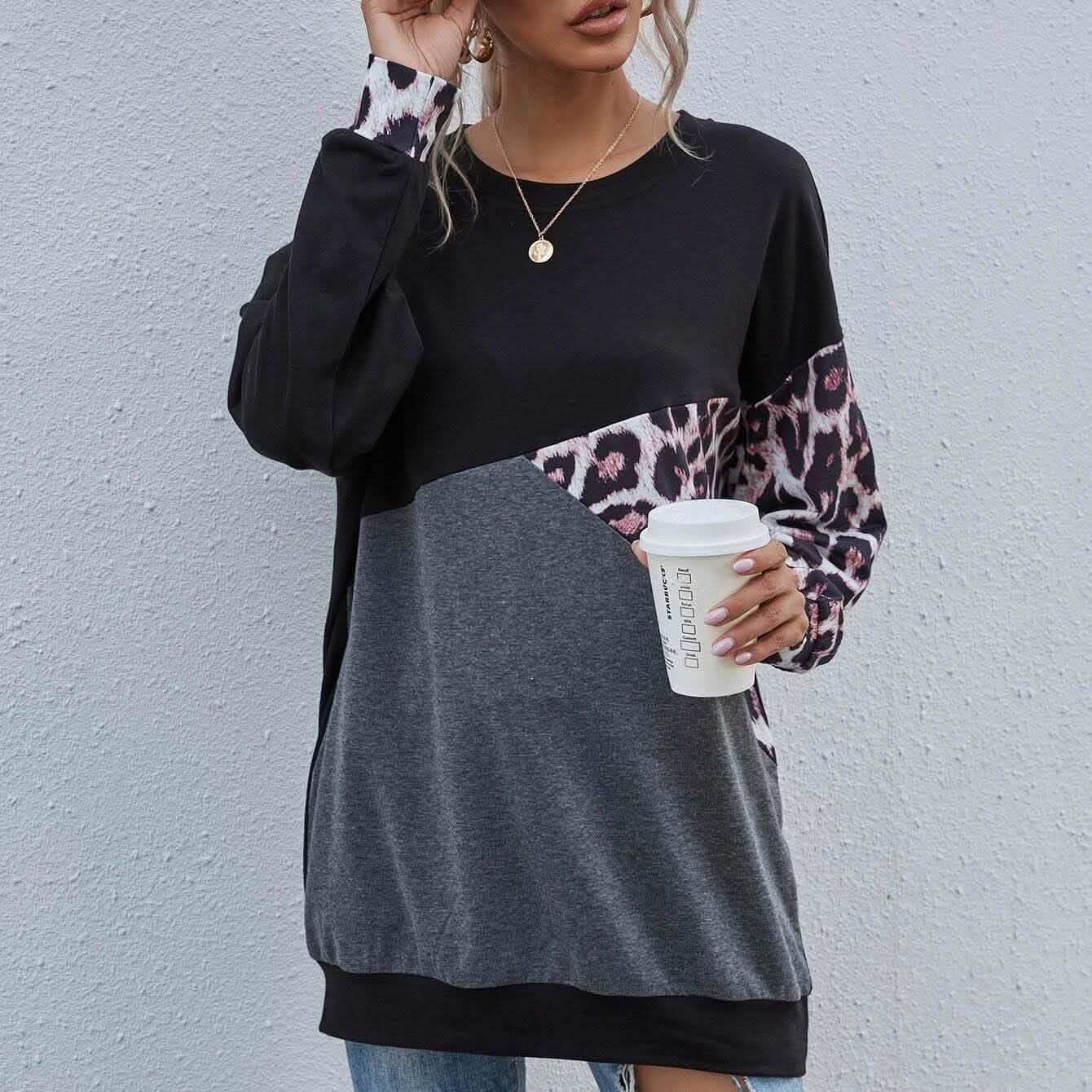 Leopard Print Colorblock Drop Shoulder Sweatshirt