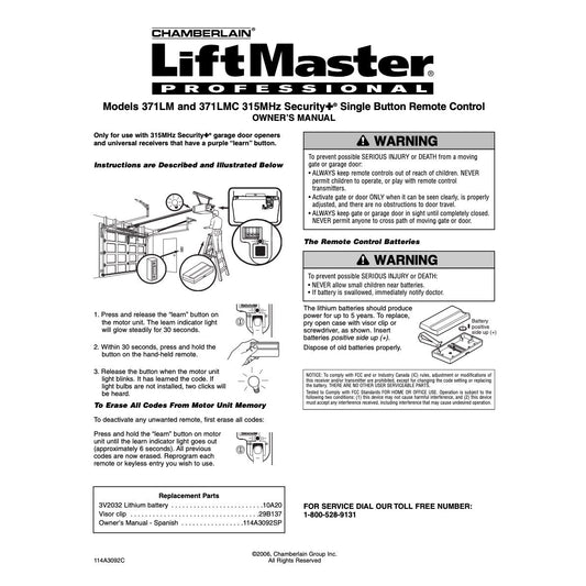LiftMaster 371LM / 371LMC 1-Button Visor 315 MHz Garage Door Opener Remote Control