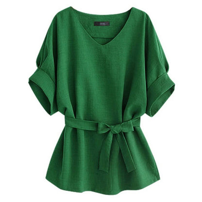 Linen-Blend Loose-Cut Casual Short Sleeve Top with Belt