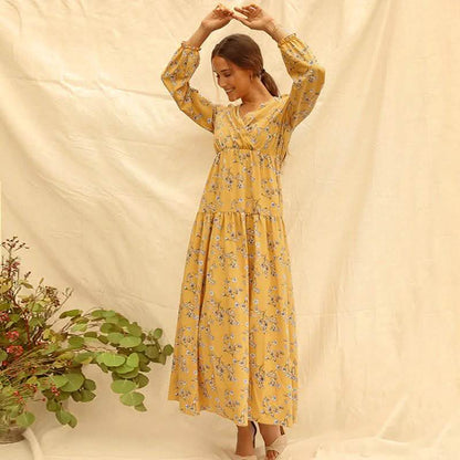 Long Sleeve Fashion Casual High Waist Maxi Dress Slim Floral Print V Neck