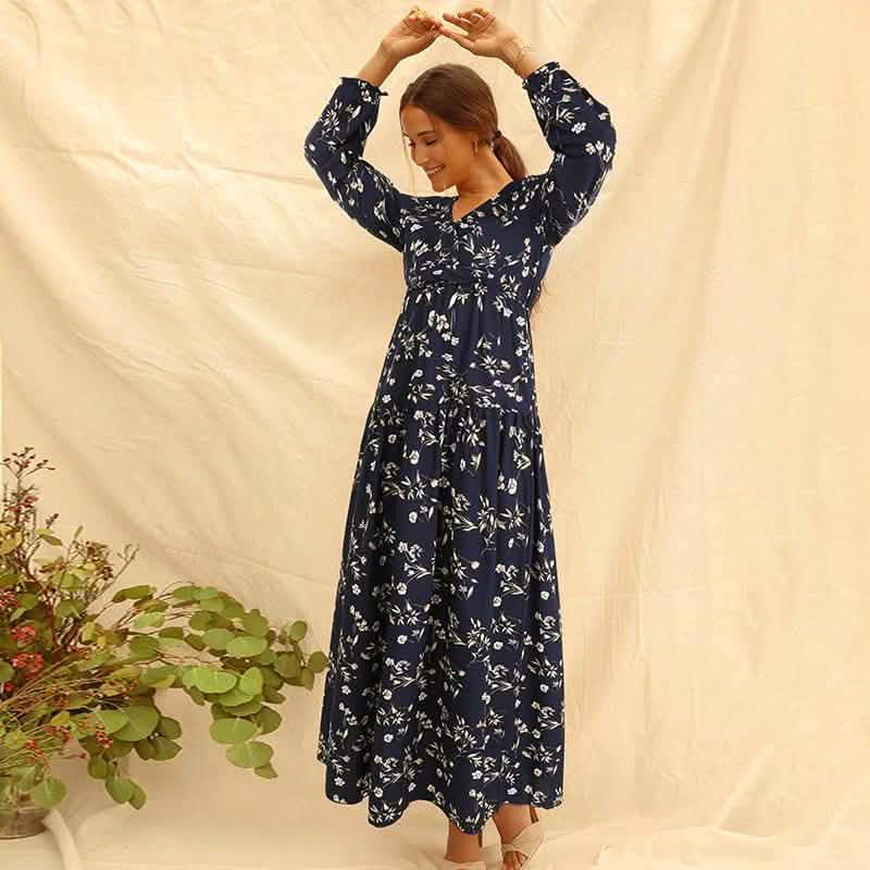Long Sleeve Fashion Casual High Waist Maxi Dress Slim Floral Print V Neck