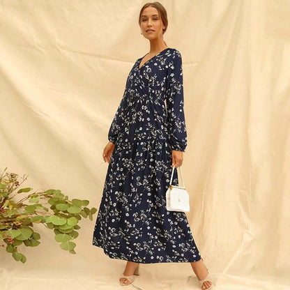 Long Sleeve Fashion Casual High Waist Maxi Dress Slim Floral Print V Neck