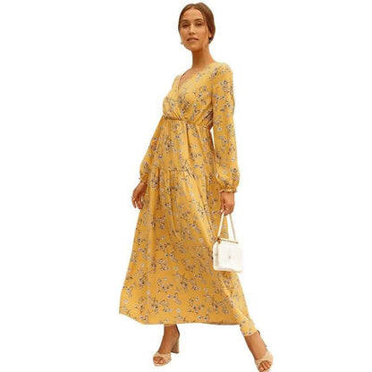 Long Sleeve Fashion Casual High Waist Maxi Dress Slim Floral Print V Neck
