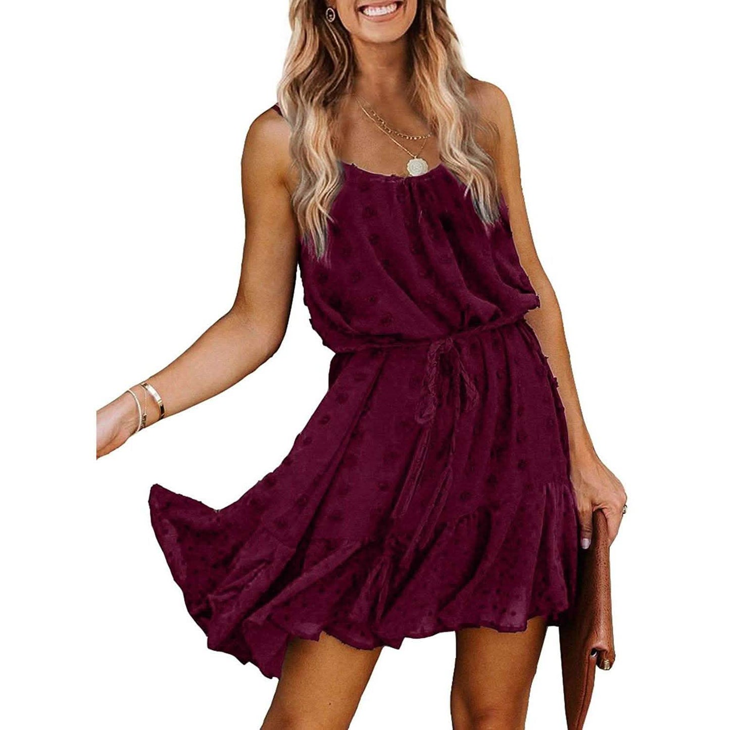 Lovinchic Women's Spaghetti Strap Tied Waist Floral Mini Dress Summer Casual Flowy Dress