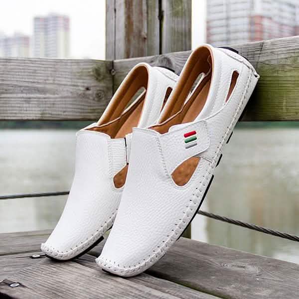 Men Casual Shoes Slip on Hollow Leather Men Shoes