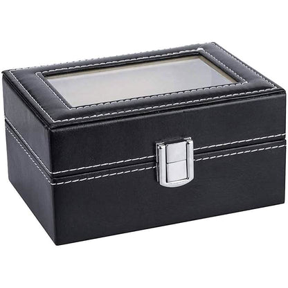 Mens Black Leather Display Glass Top Jewelry Case Organizer