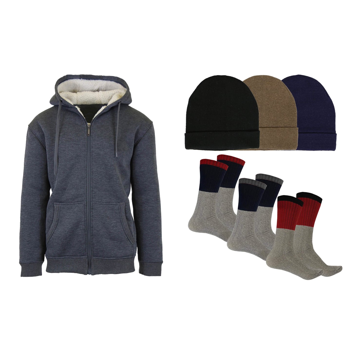 Men's Sherpa Hoodie, Fleece Lined Hat and Thermal Socks Gift Set
