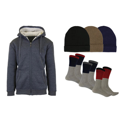 Men's Sherpa Hoodie, Fleece Lined Hat and Thermal Socks Gift Set
