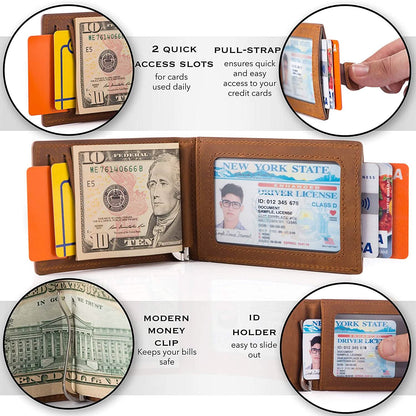 Men's Slim Leather Wallet with Money Clip Bifold Minimalist RFID Blocking Card