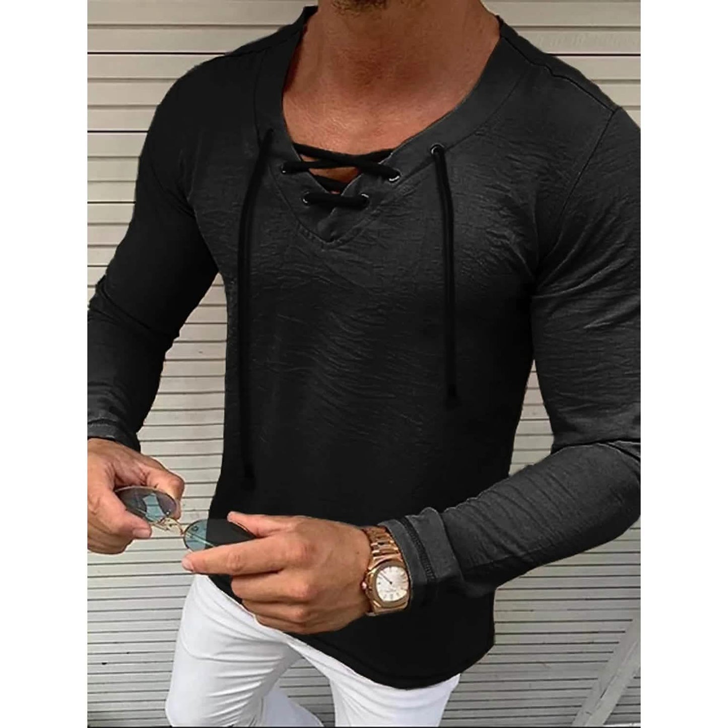 Men's Solid V Neck Long Sleeved Cotton Linen Shirt