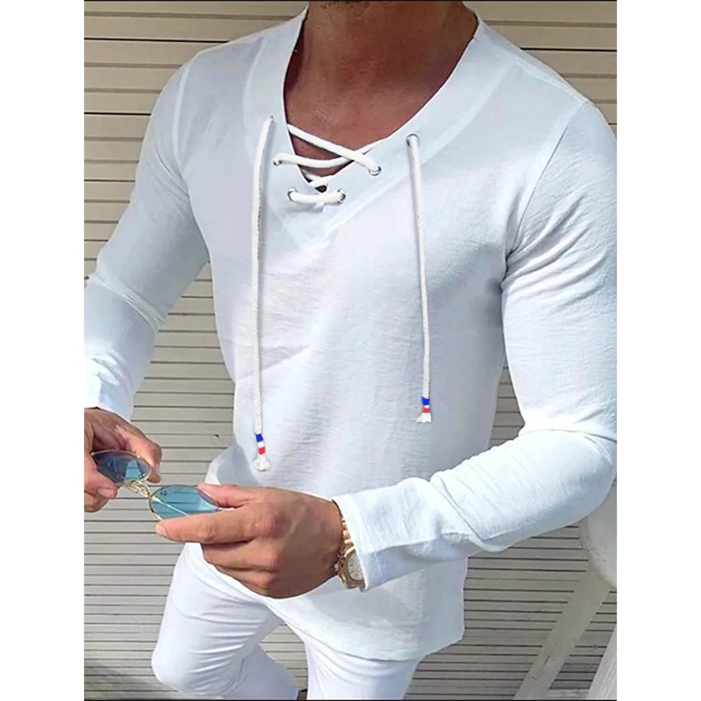 Men's Solid V Neck Long Sleeved Cotton Linen Shirt