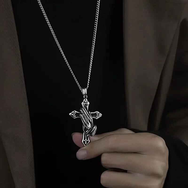Men's Stainless Steel Prayer Hand and Cross Pendant Necklace