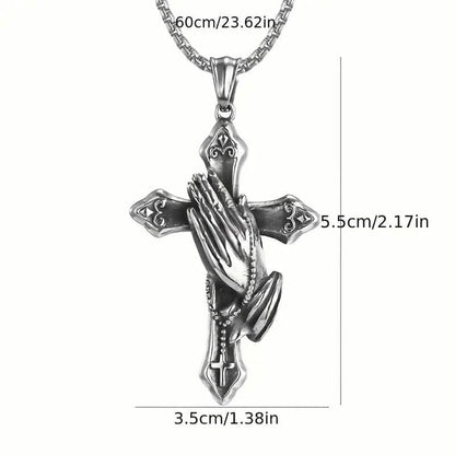 Men's Stainless Steel Prayer Hand and Cross Pendant Necklace