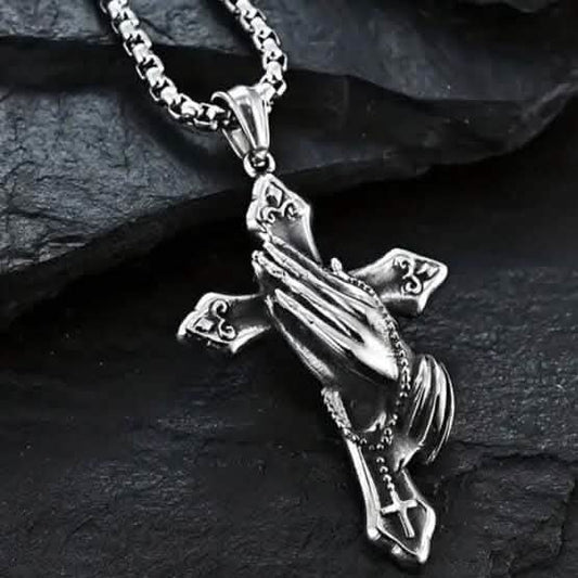 Men's Stainless Steel Prayer Hand and Cross Pendant Necklace