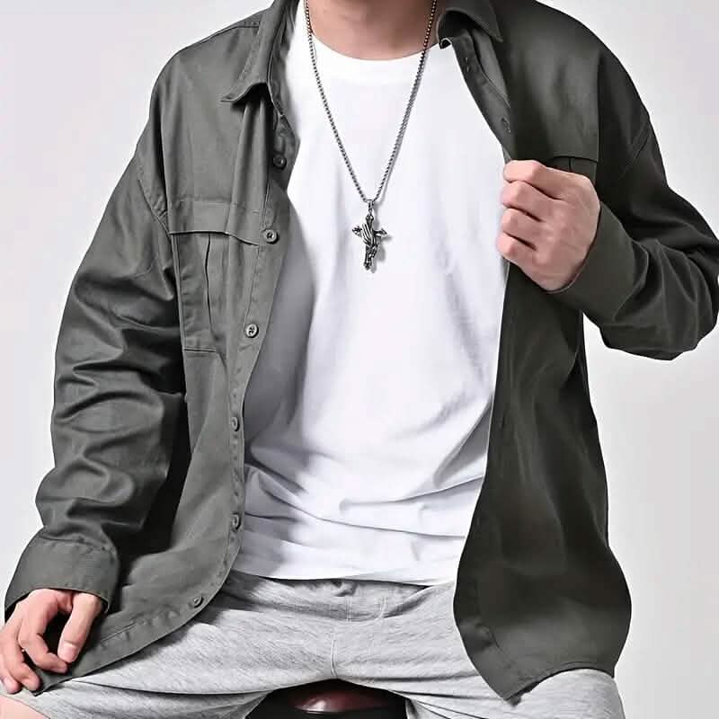 Men's Stainless Steel Prayer Hand and Cross Pendant Necklace