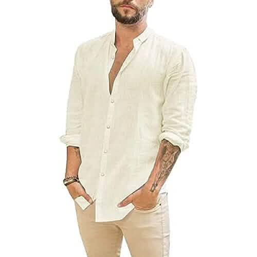 Mens Summer Casual Long Sleeve Cotton Linen T-Shirt