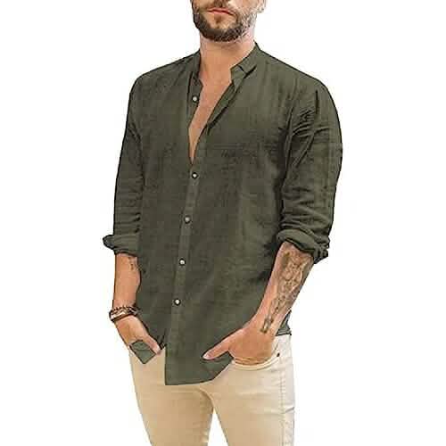 Mens Summer Casual Long Sleeve Cotton Linen T-Shirt