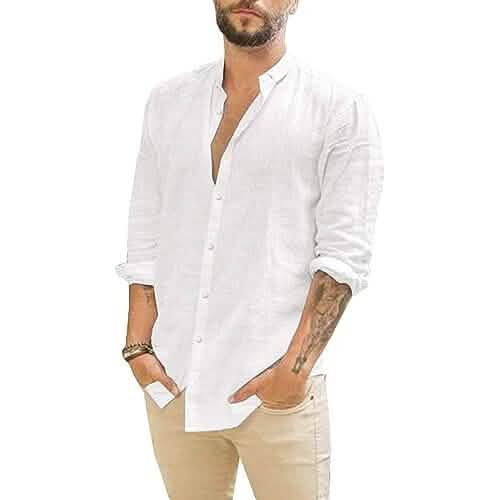 Mens Summer Casual Long Sleeve Cotton Linen T-Shirt