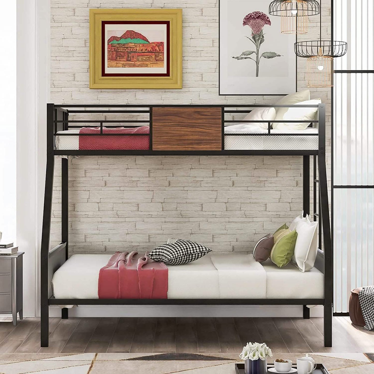 Metal Bunk Bed with Safety Railing Ladder