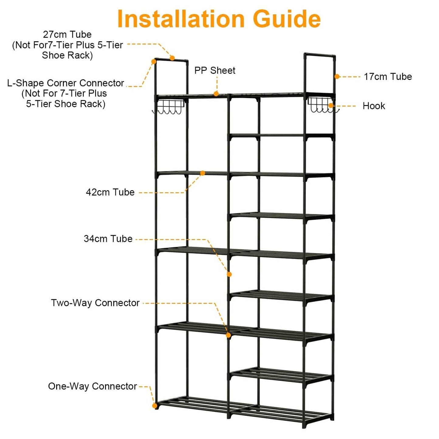 Metal Shoe Storage Shelf Free Standing Shoe Stand with 2 Row Hooks