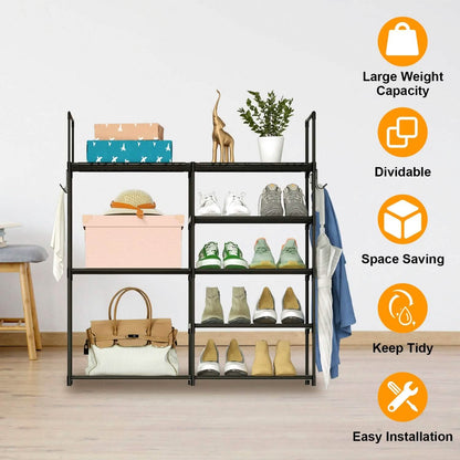 Metal Shoe Storage Shelf Free Standing Shoe Stand with 2 Row Hooks