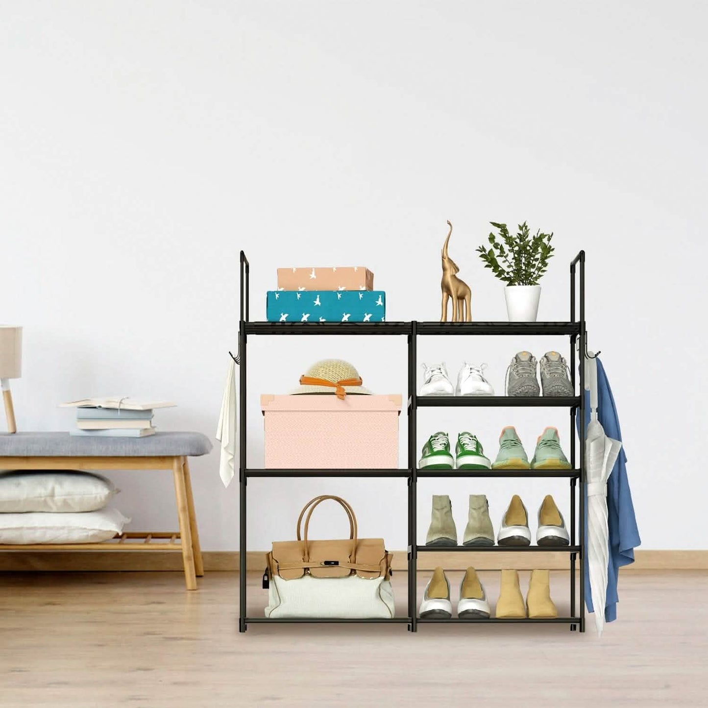 Metal Shoe Storage Shelf Free Standing Shoe Stand with 2 Row Hooks