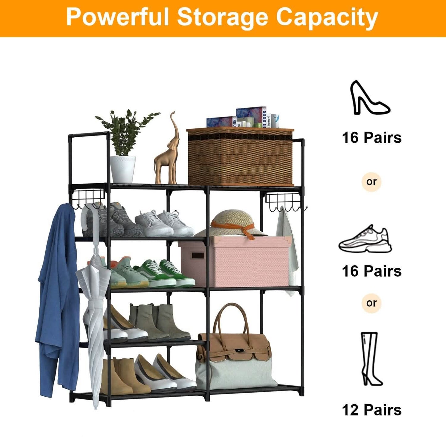 Metal Shoe Storage Shelf Free Standing Shoe Stand with 2 Row Hooks