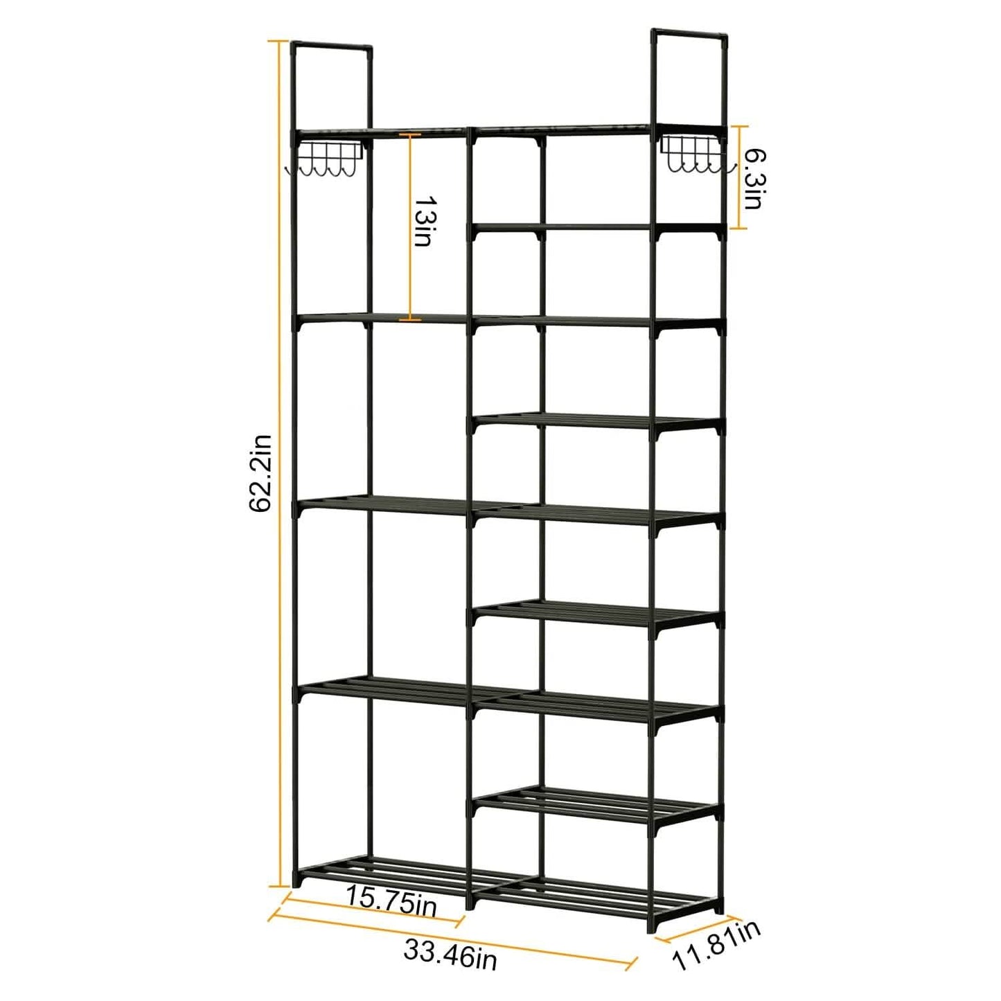 Metal Shoe Storage Shelf Free Standing Shoe Stand with 2 Row Hooks