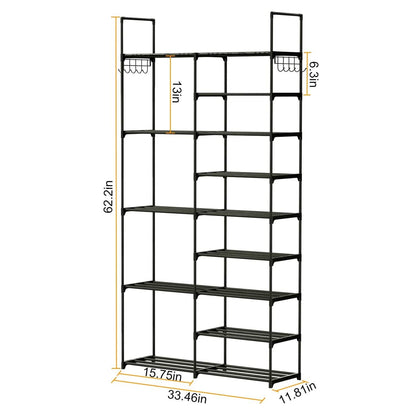 Metal Shoe Storage Shelf Free Standing Shoe Stand with 2 Row Hooks