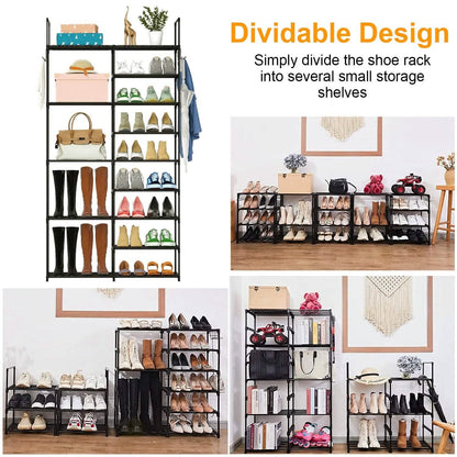 Metal Shoe Storage Shelf Free Standing Shoe Stand with 2 Row Hooks