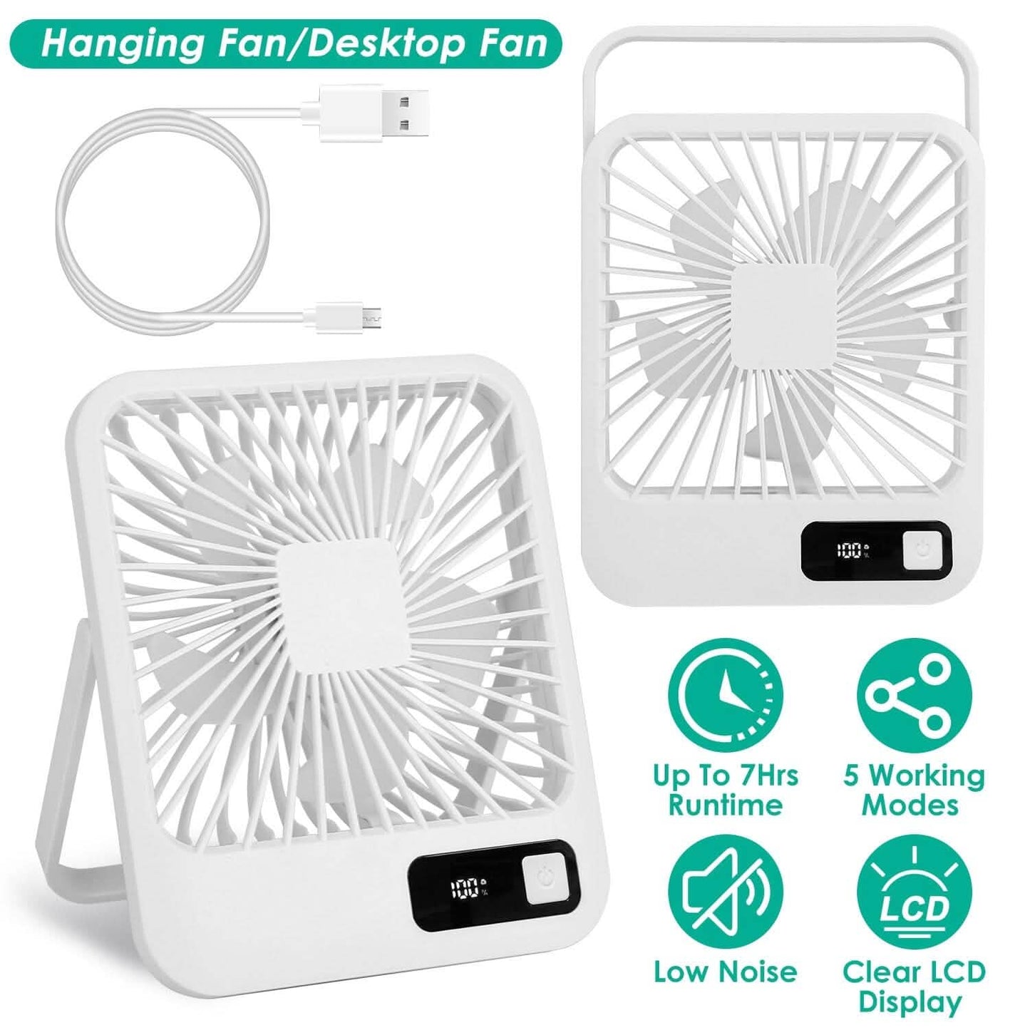 Mini Desktop Cooling Fan Rechargeable Battery Powered with LCD Display
