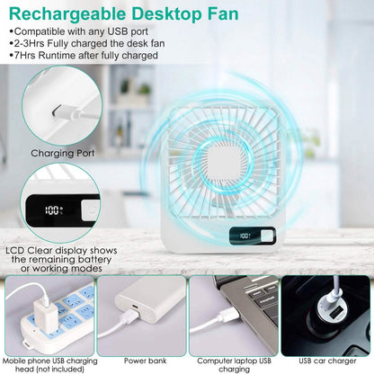 Mini Desktop Cooling Fan Rechargeable Battery Powered with LCD Display