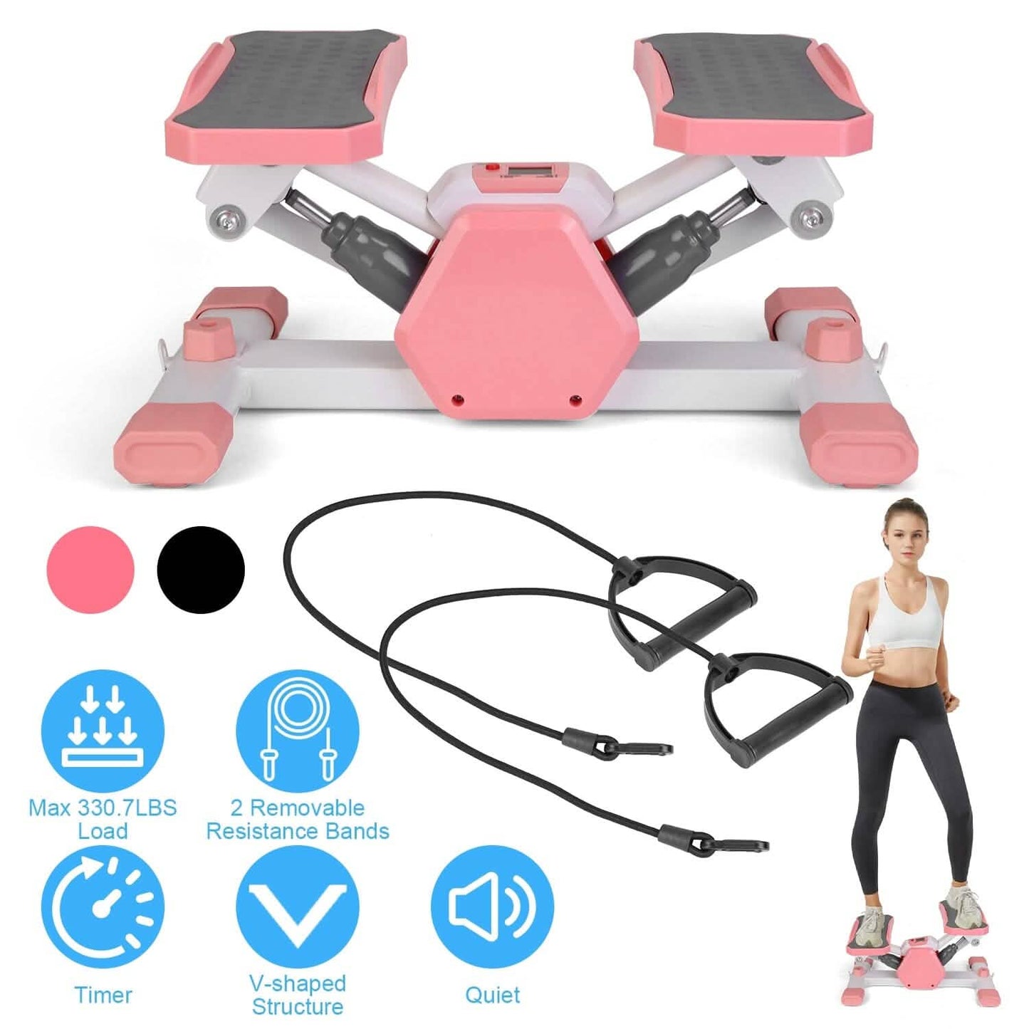 Mini Stepper Stair Stepper with Resistance Bands Quiet Workout with Digital Timer