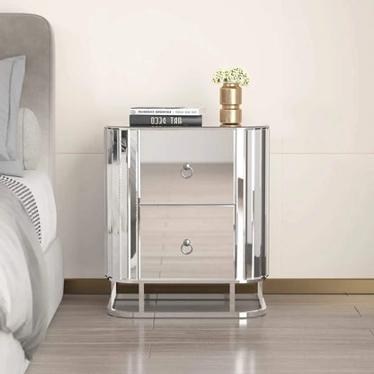 Mirrored Accent Table with 2 Drawers and Stainless Steel Frame