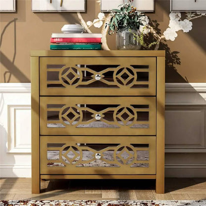 Mirrored Carved Pattern Modern Gold Finish Bedroom Nightstand