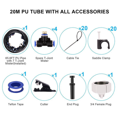 Misting Cooling System 65.6Ft Hose Line + 23 T-Joint Nozzles Water Sprayer