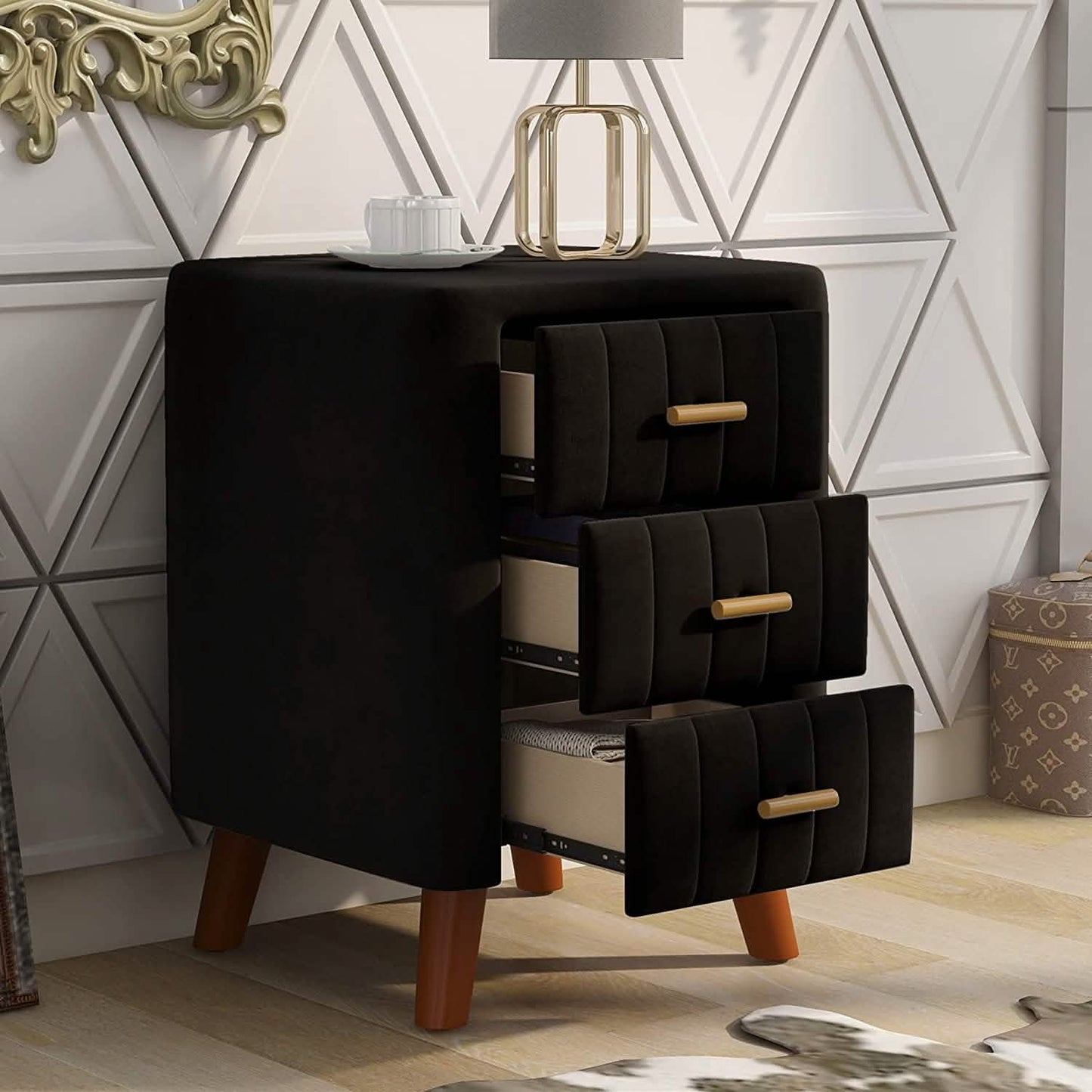 Modern Bedside Velvet Upholstered 3-Drawer Nightstand with Metal Handles