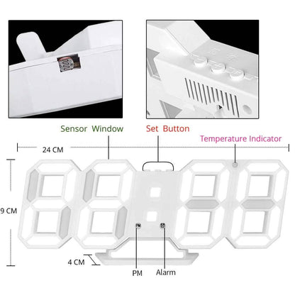 Modern Digital 3D White LED Wall Clock Alarm Clock
