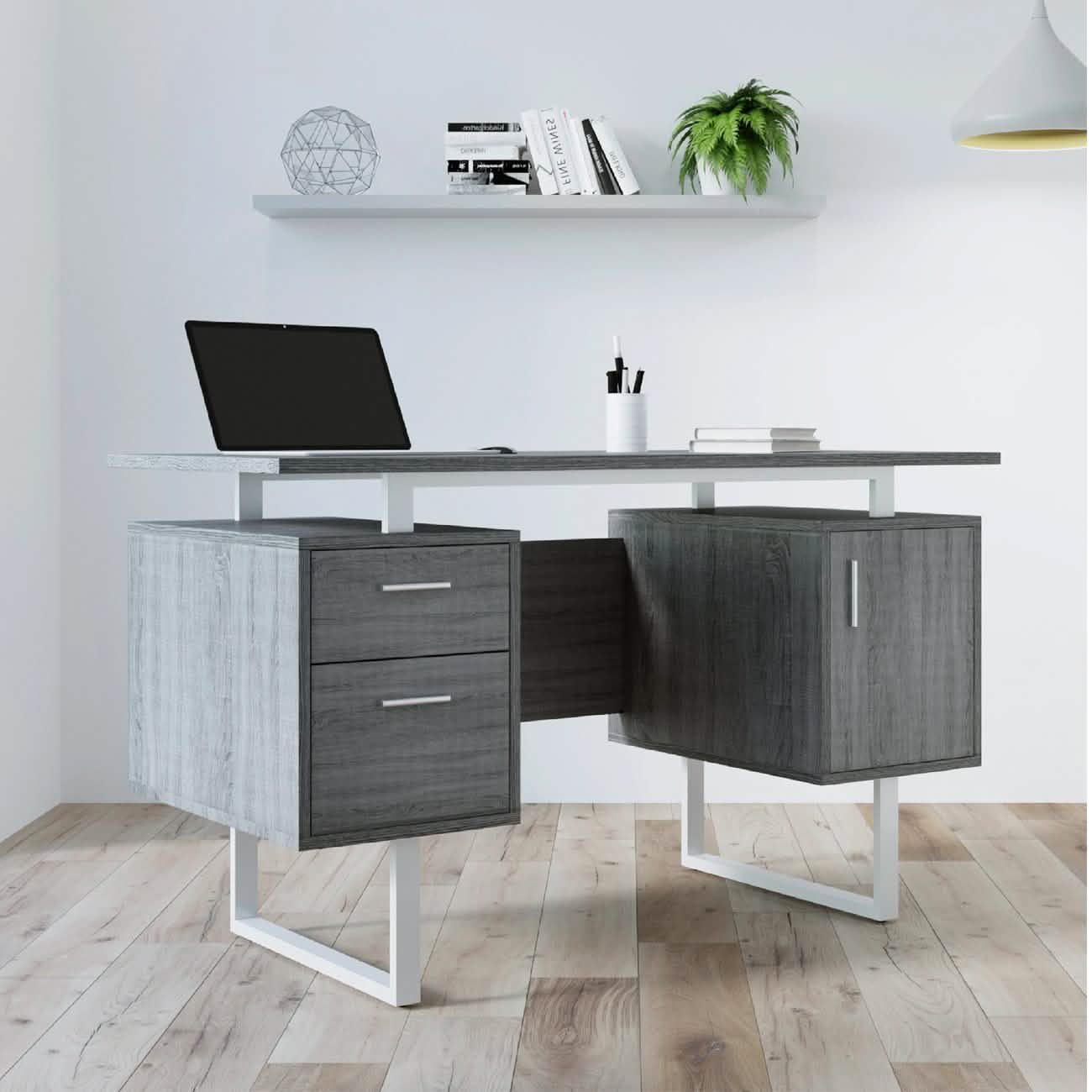 Modern Gray Office Desk with Storage
