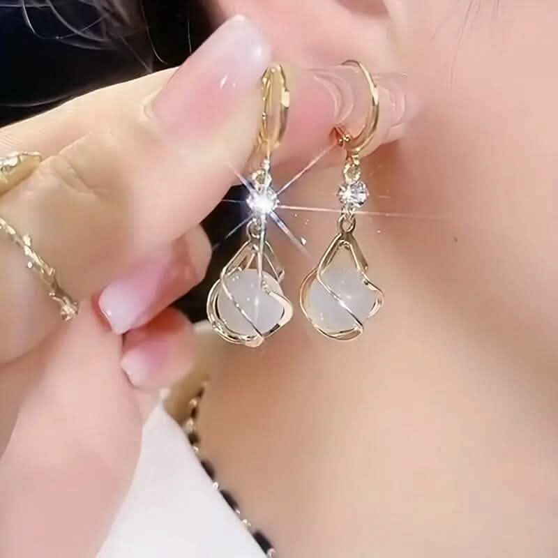 Moonstone Bead Shiny Rhinestone Dangle Earrings