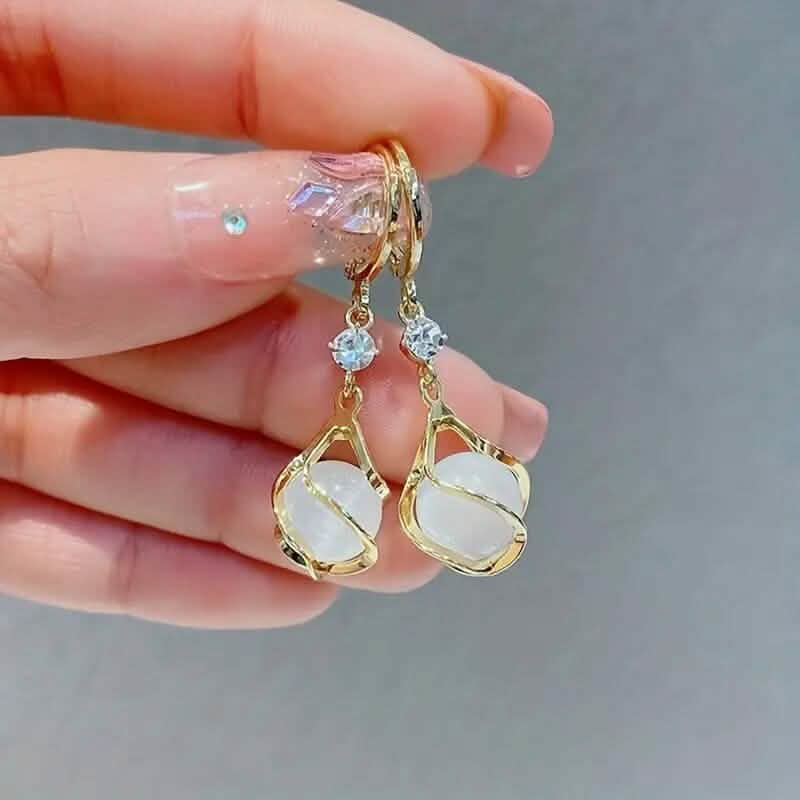 Moonstone Bead Shiny Rhinestone Dangle Earrings