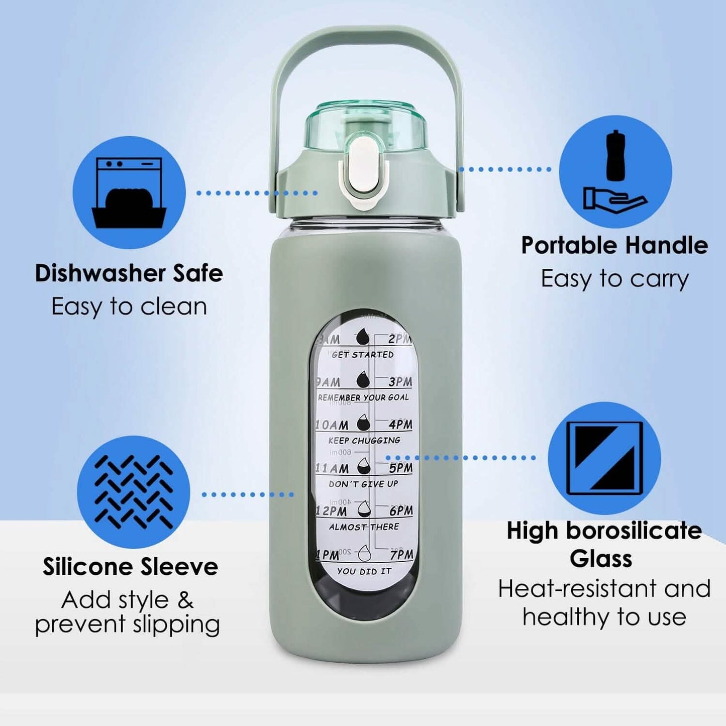 Motivational Water Bottle Intake Tracker with Straw Time Marker Silicone Sleeve Handle