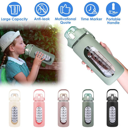 Motivational Water Bottle Intake Tracker with Straw Time Marker Silicone Sleeve Handle