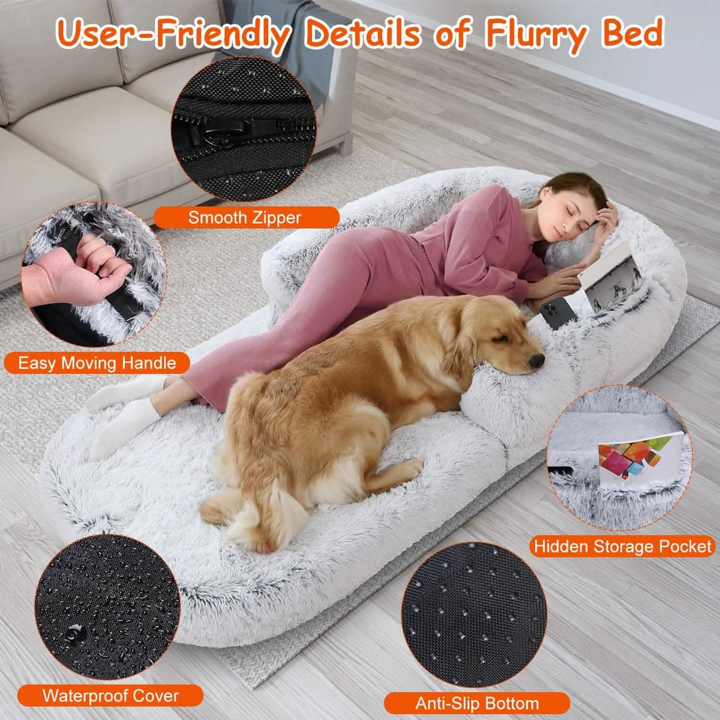 Napping Human-Sized Dog Bed Machine Washable Zipped Removable Cover