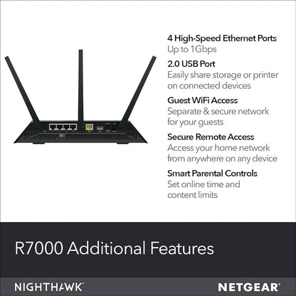 NETGEAR Nighthawk Smart Wi-Fi Router (R7000-100NAS) - AC1900 Wireless Speed (Up to 1900 Mbps) (Refurbished)